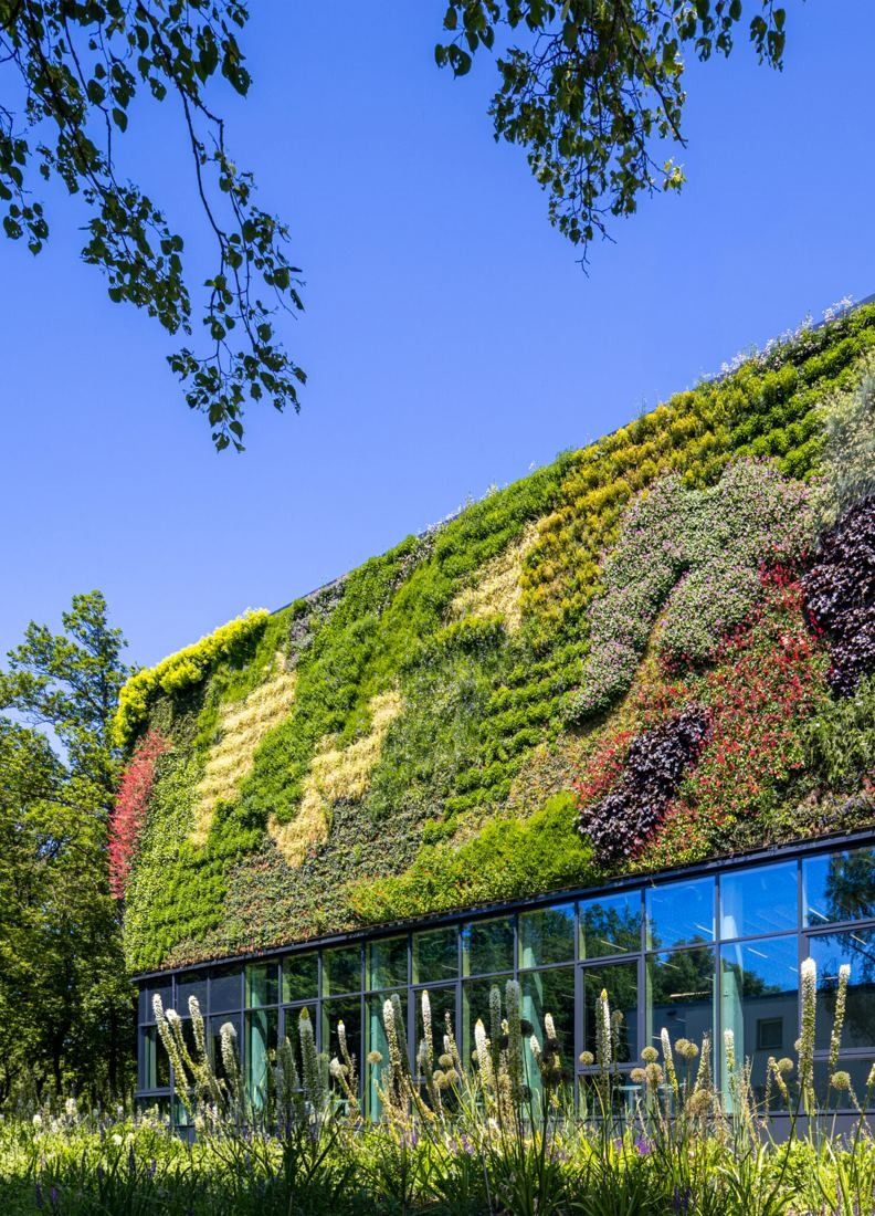 Bosch: Building façade covered in a large planted green wall above a glazed ground floor