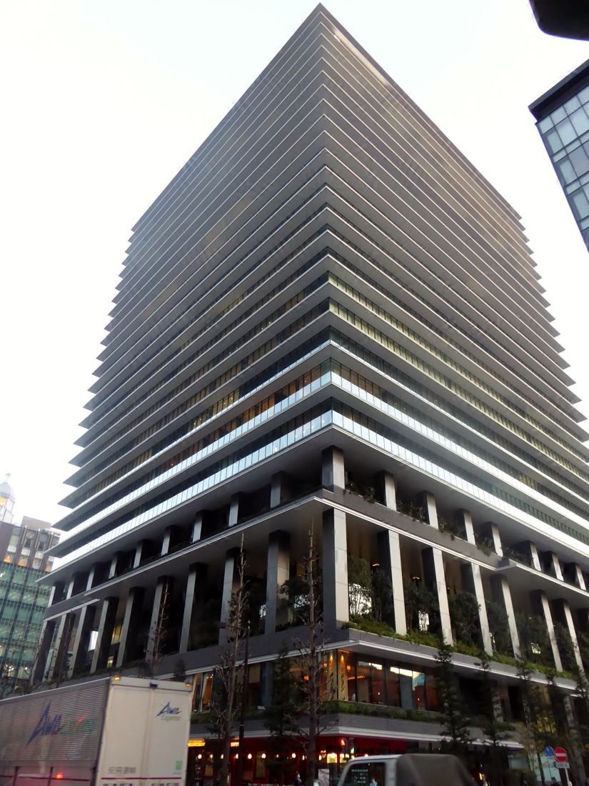 Bridgestone: Looking up at the tower's horizontal bands from street level