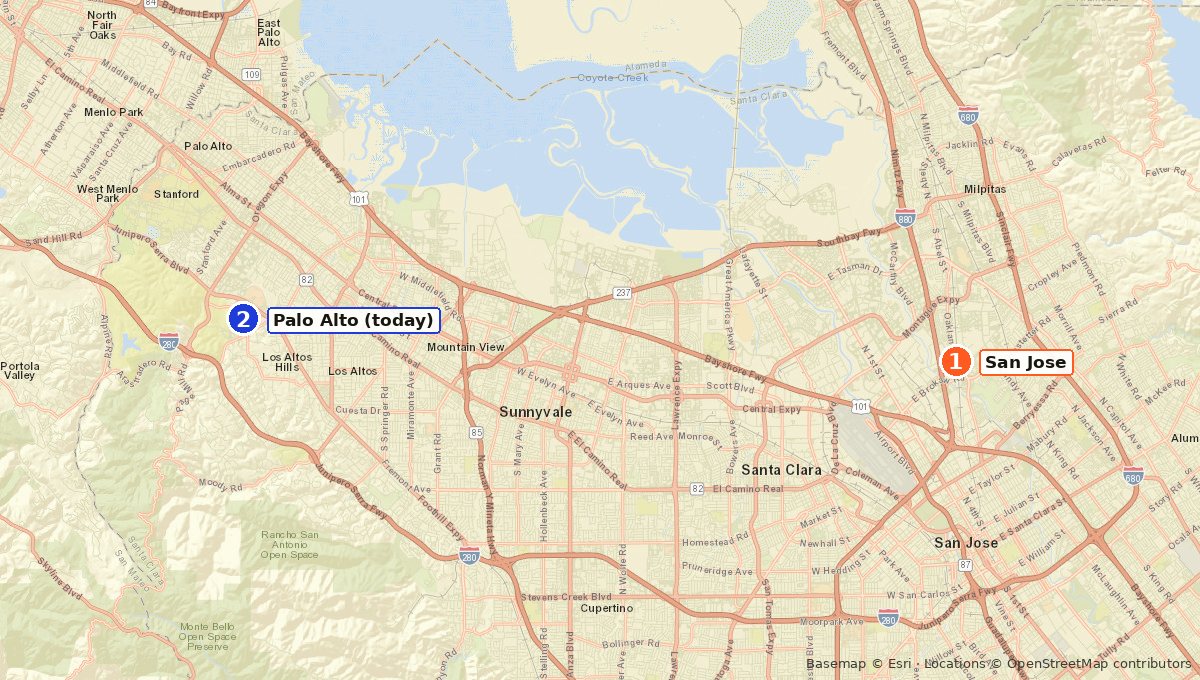 Map from San Jose to Palo Alto