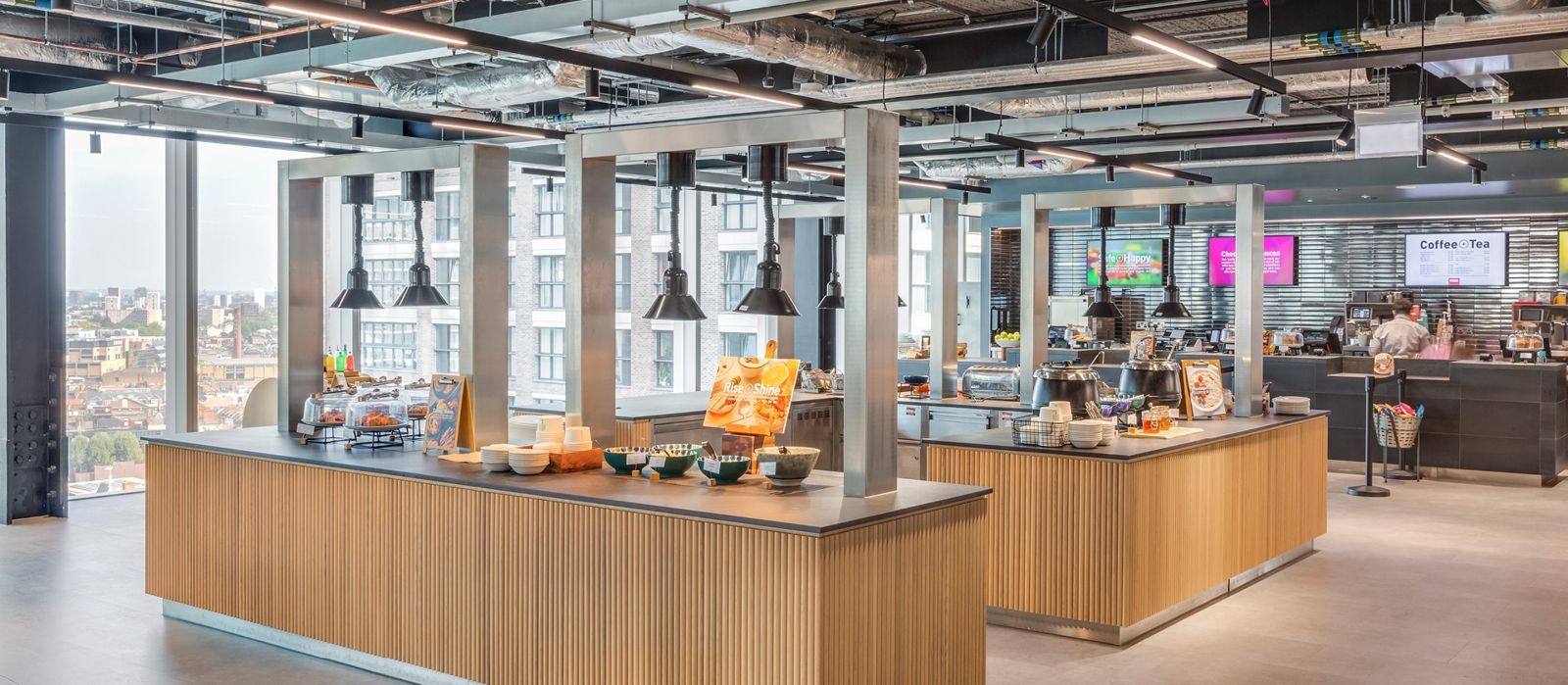 BT Group: Café counters with timber fronts under pendant lights