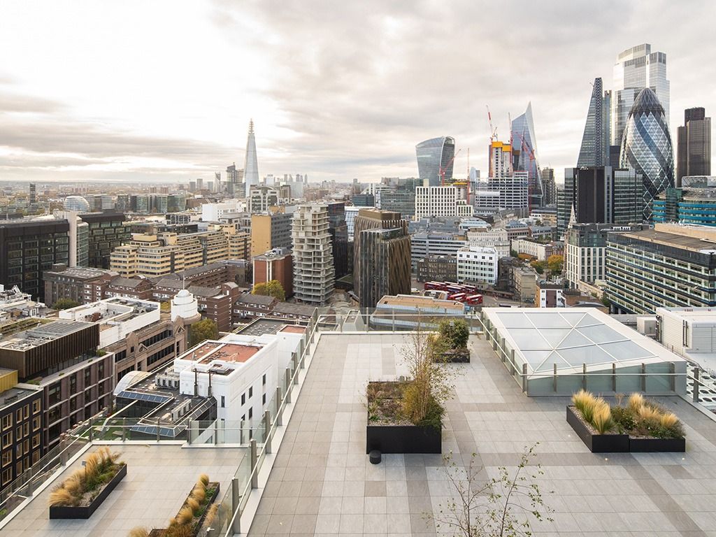 BT Group: Roof terrace with planters overlooking the City of London