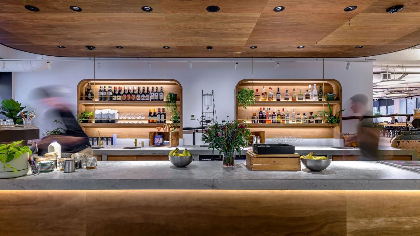 Canva: Bar counter with timber-framed shelves
