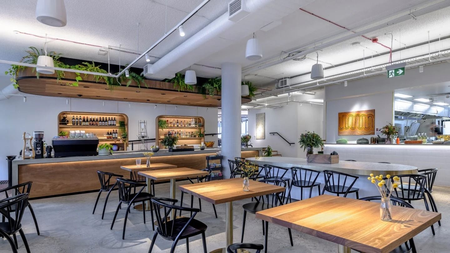 Canva: Café counter with timber tables and hanging plants