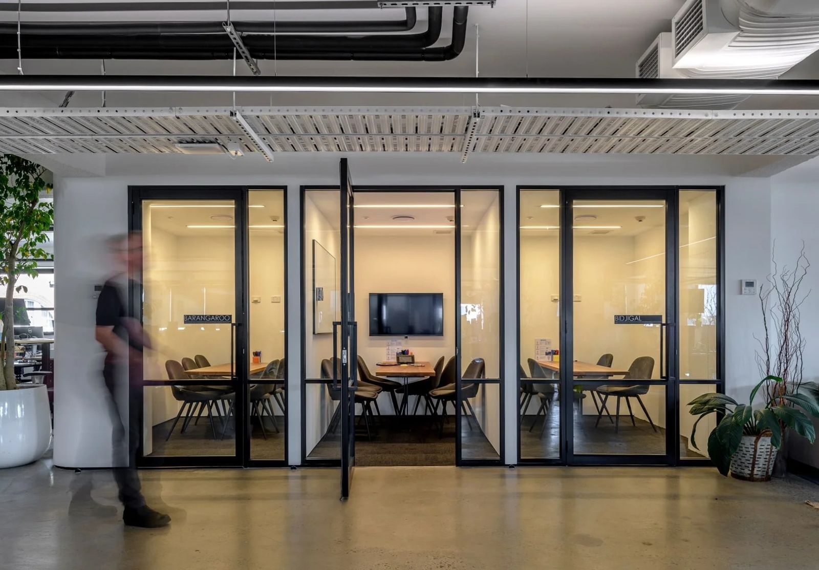 Canva: Row of glass-fronted meeting rooms