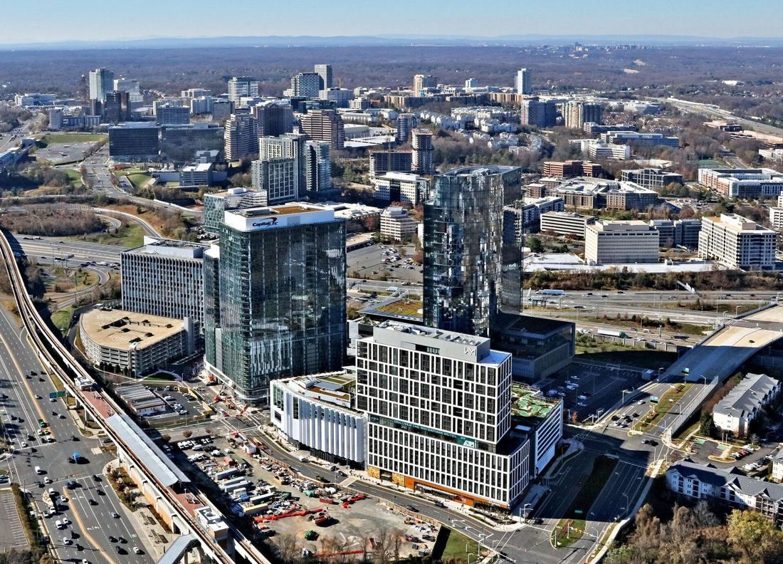 Capital One: Aerial view of glass towers with the wider Tysons skyline behind