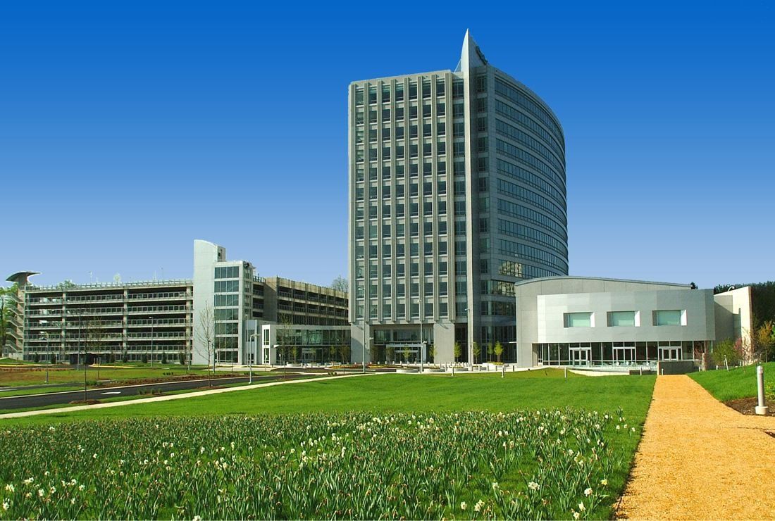 Tall grey-green glass tower behind a wide lawn