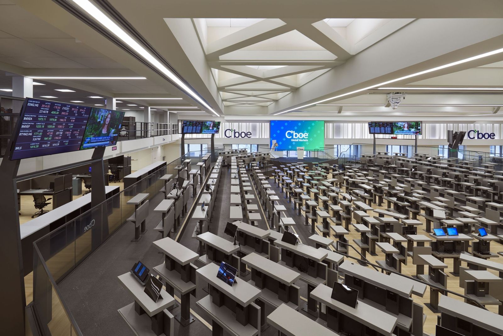 Cboe Global Markets: Rows of grey trading desks facing big Cboe screens across a wide floor