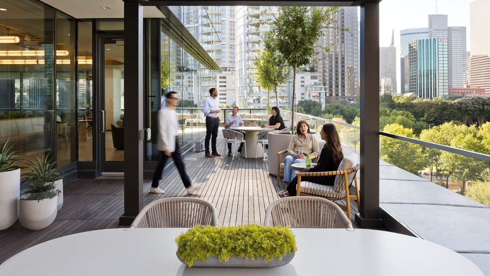 A wooden terrace with lounge chairs and potted trees overlooking downtown towers