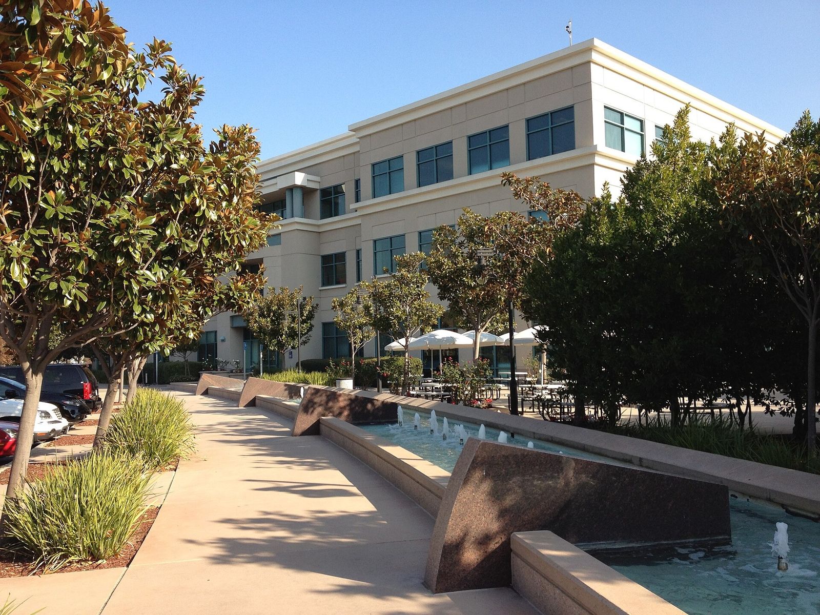 Cisco: A walkway with a water feature beside Building 11