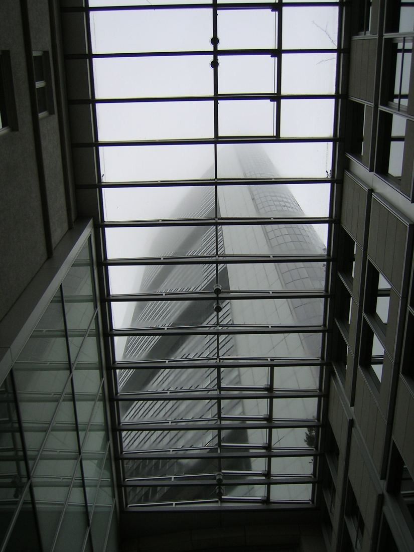 Commerzbank: Glass roof with steel bars, the tower fading into fog above it