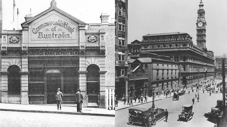 Black-and-white photos of a small stone bank front with a gable reading Commonwealth Bank of Australia, and a street with early cars