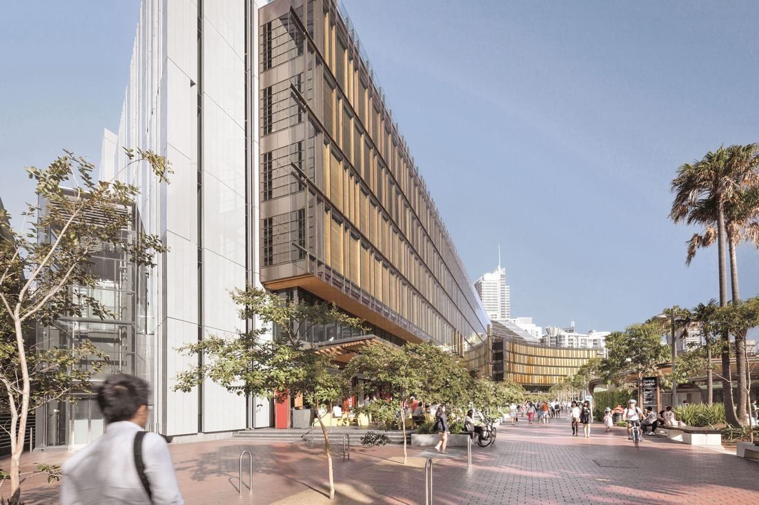 Commonwealth Bank of Australia: Paved promenade beside a long office building with a timber-screened facade and palm trees