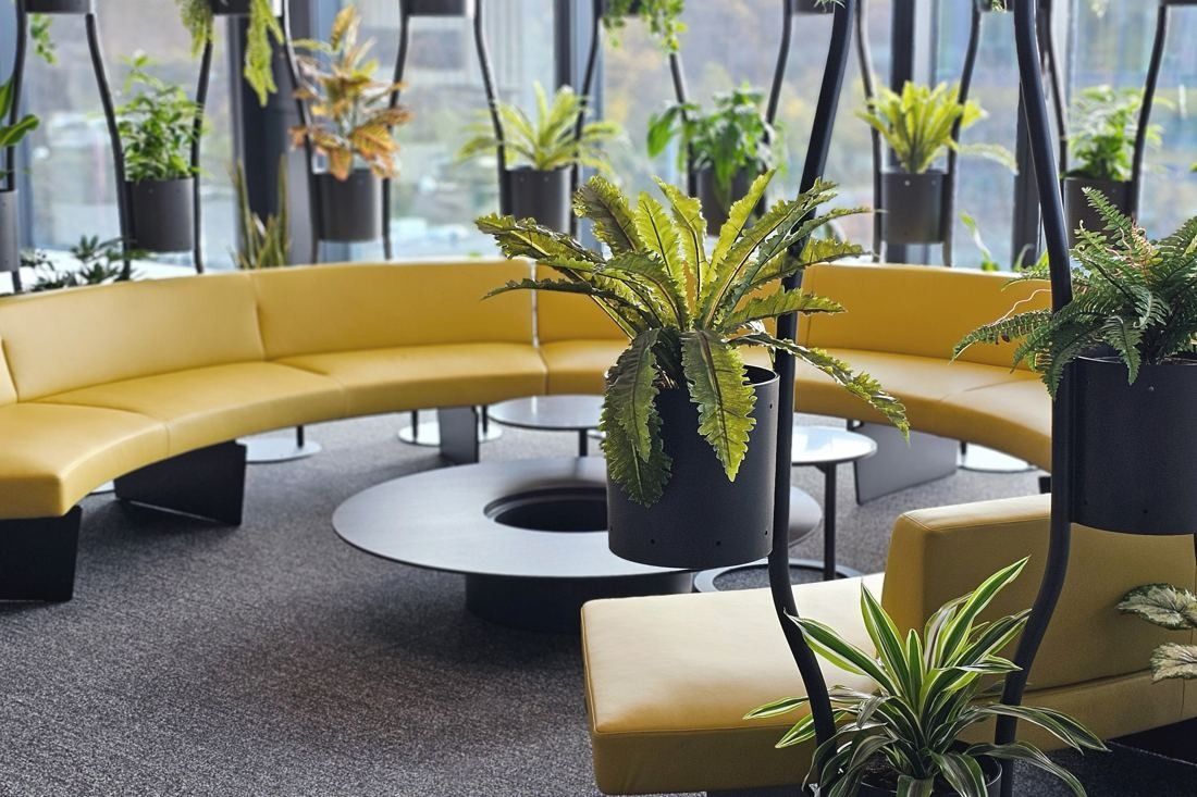 Continental: Curved yellow sofa around a low table with hanging plants