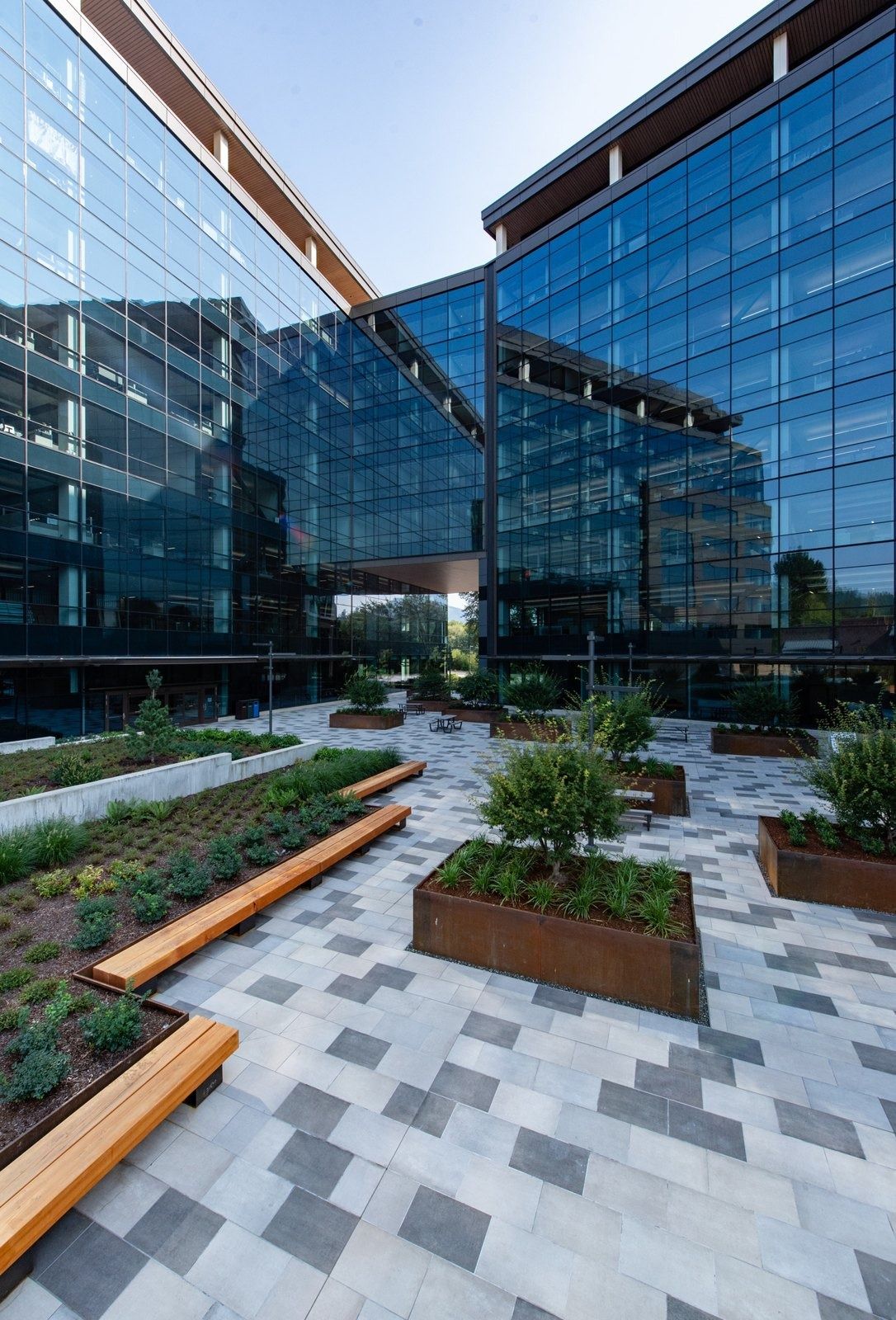 Costco Wholesale: A planted terrace between glass buildings