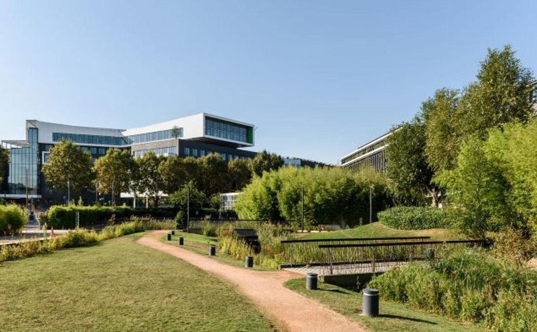 Crédit Agricole: A curving path through grass and shrubs towards glass office buildings
