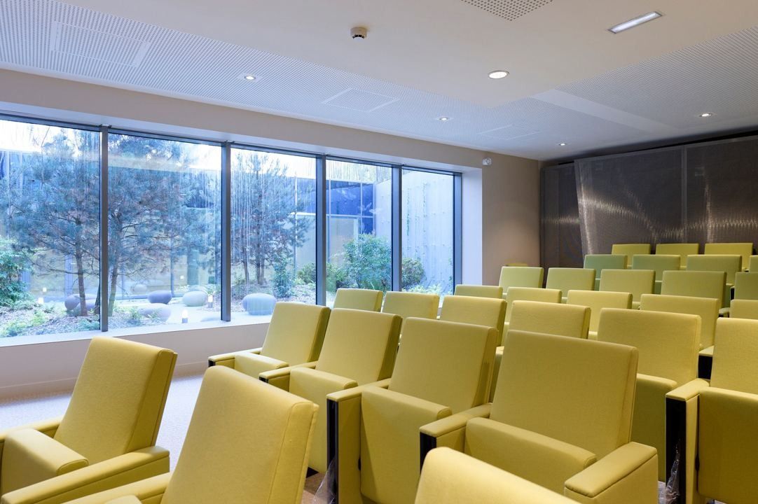 Crédit Agricole: A small auditorium with yellow seats and a window onto trees