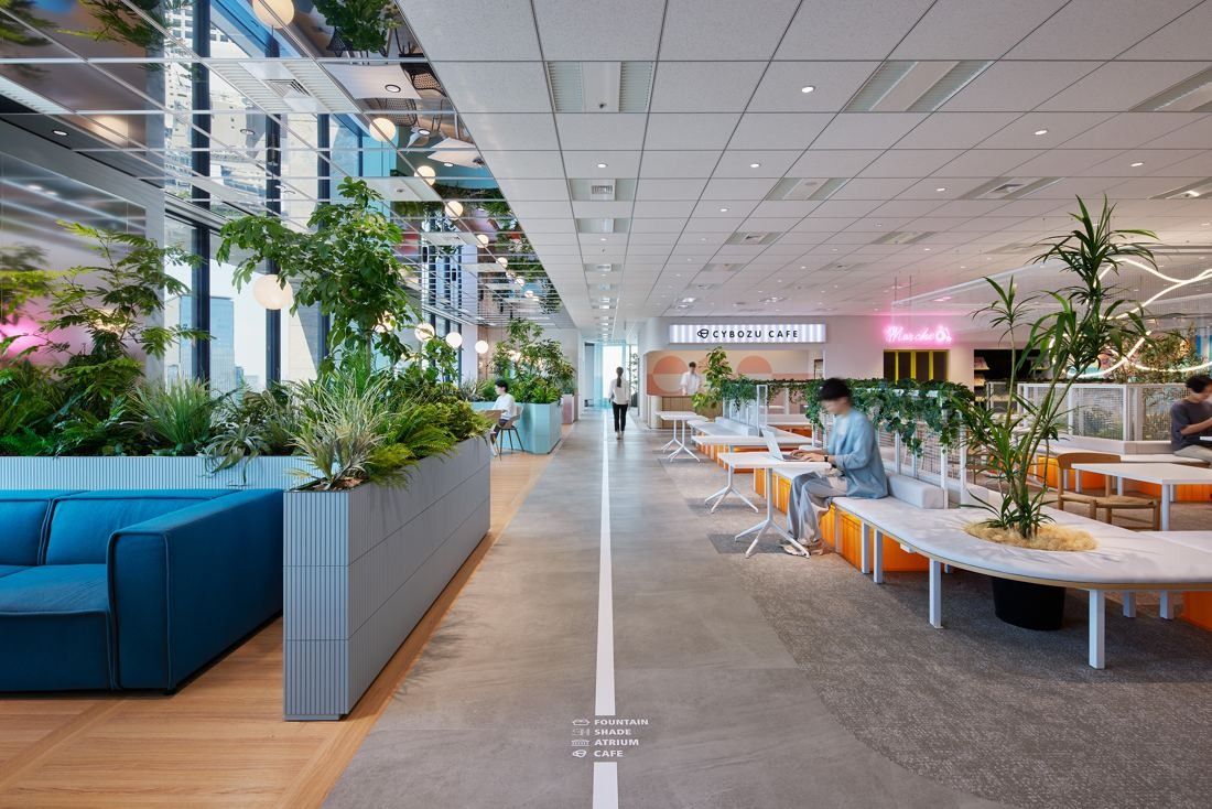Long open office floor with a white path line, planters, blue sofas and curved white desks along the windows