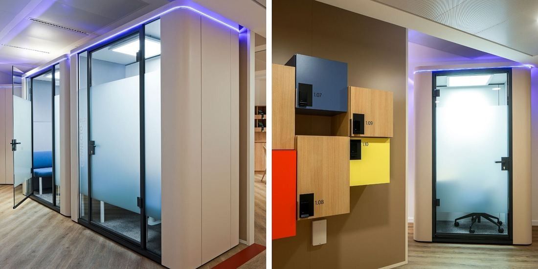 Danone: Glass booths lit by violet strips next to colourful wall lockers