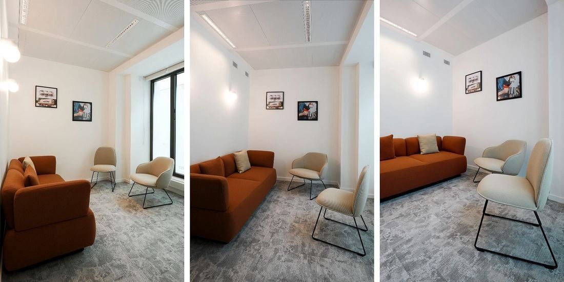 Danone: Three views of a small lounge with a rust-coloured sofa, armchairs and framed pictures