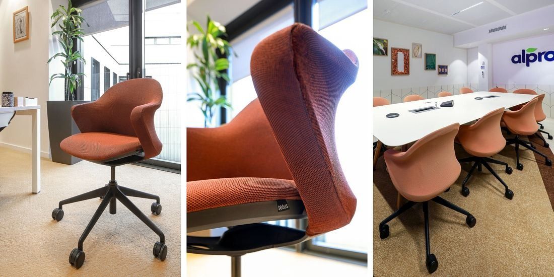 Danone: Three views of a terracotta task chair and a meeting table with matching chairs