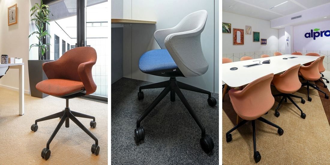 Danone: Three views of terracotta and blue-grey chairs in a work area and a meeting room