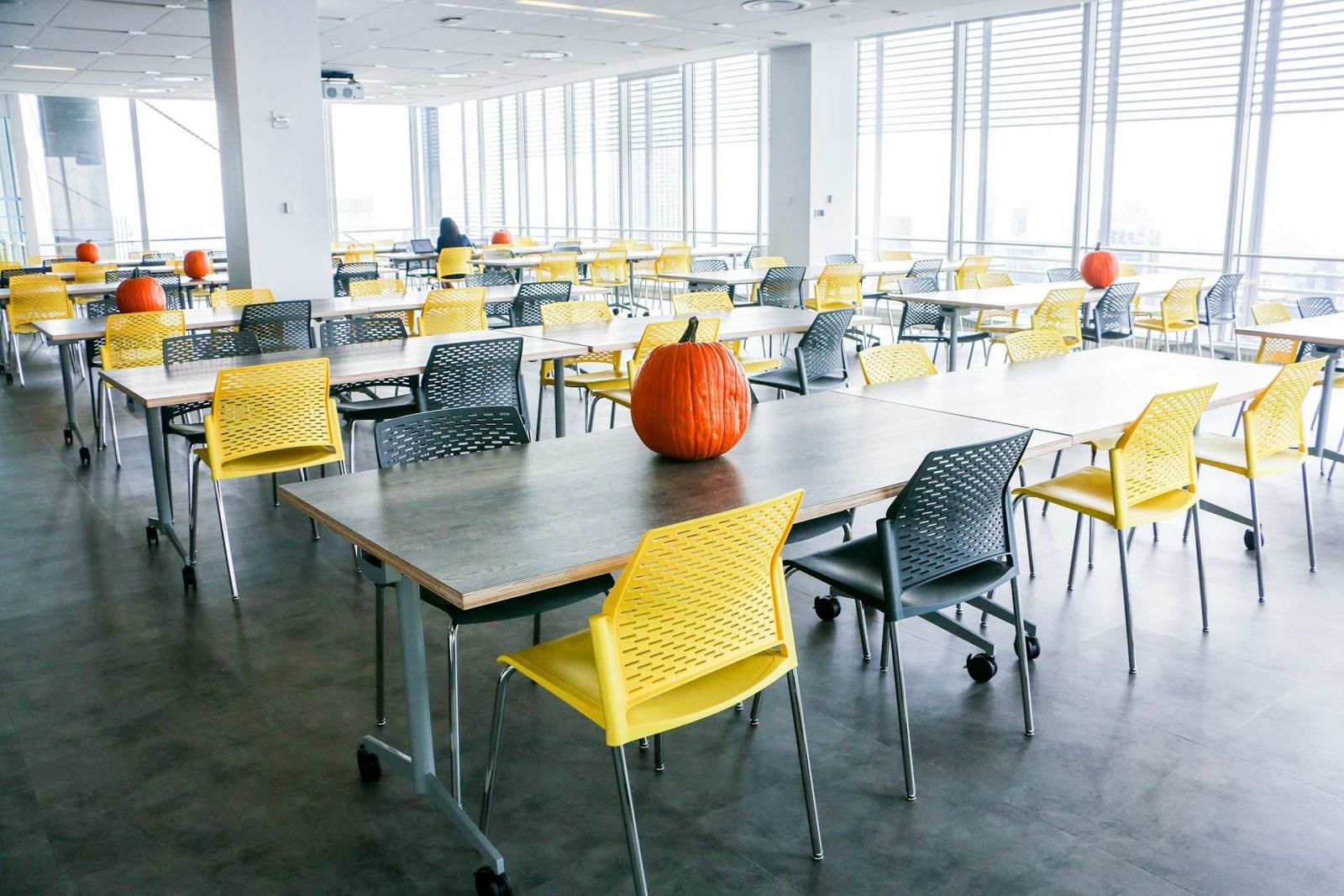 Datadog: Cafeteria with long tables and yellow chairs by tall windows