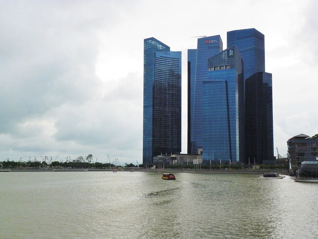 DBS Bank: Group of blue glass towers standing beyond open water under a cloudy sky