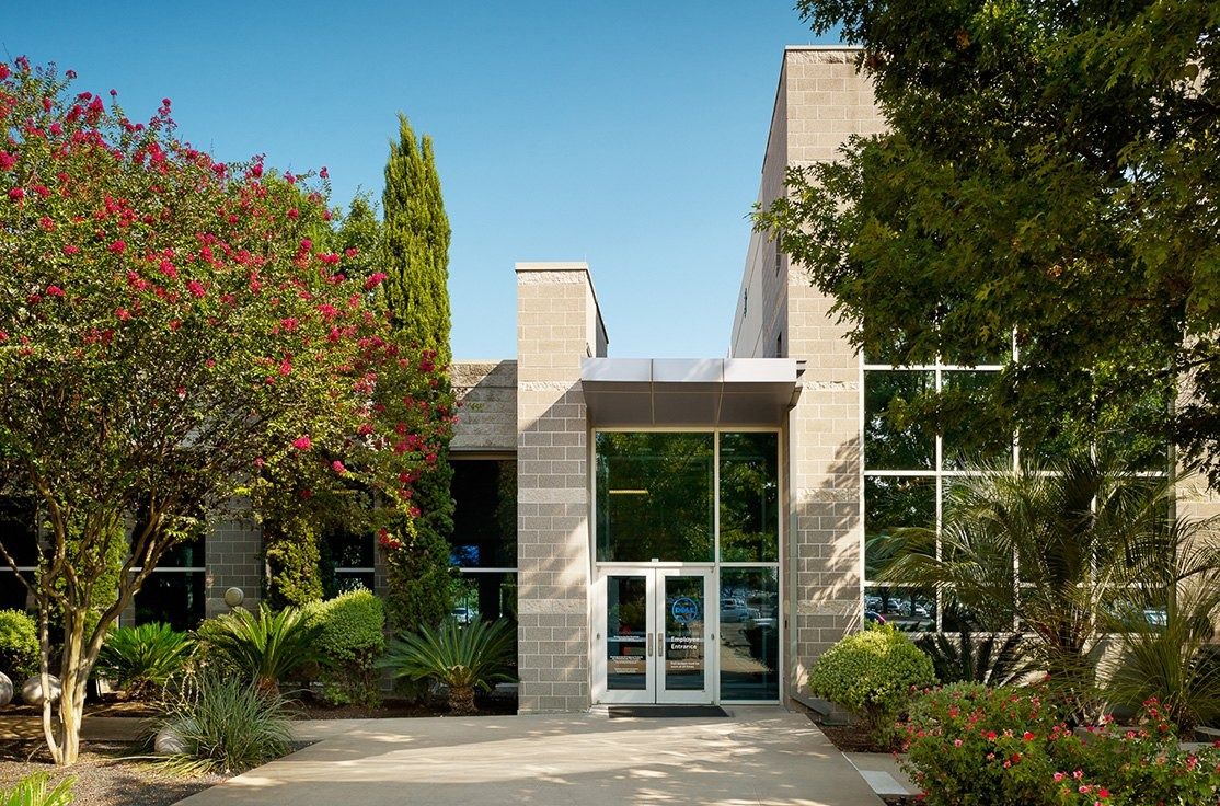 Dell Technologies: A glass entrance among flowering trees