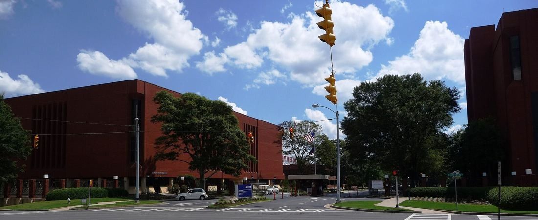 Delta Air Lines: Red-brick office blocks behind trees seen from a road crossing with traffic lights