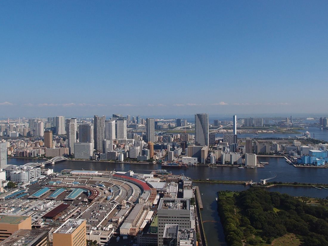 Dentsu: Wide view across low city blocks and a river toward the bay