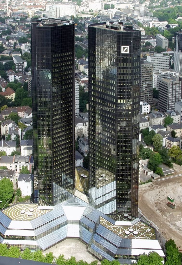 Twin glass towers seen from above before refurbishment