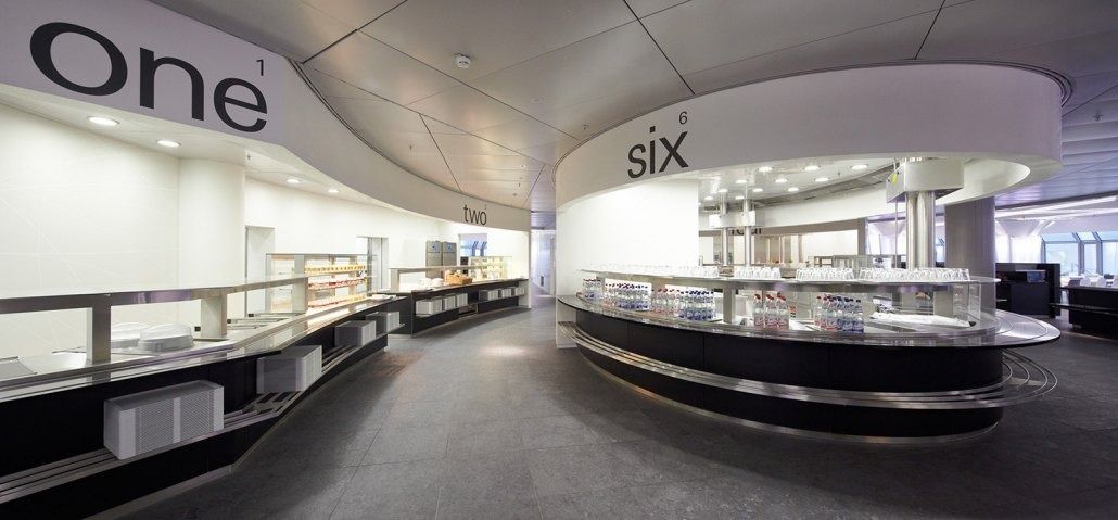 Deutsche Bank: Self-service food counters under a curved white ceiling