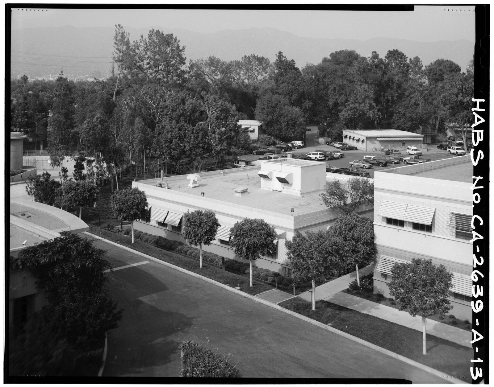 Black-and-white aerial view of studio buildings