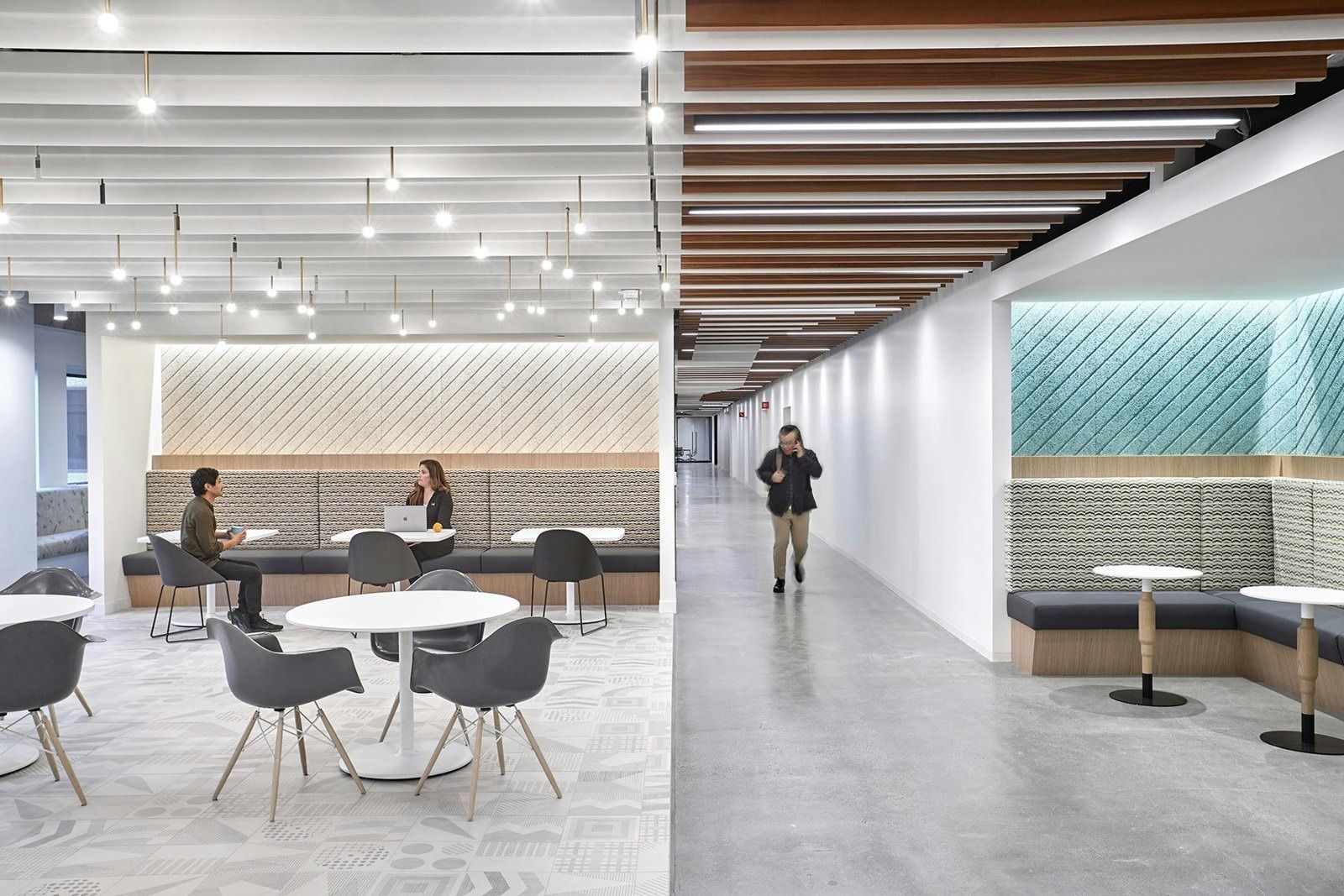 DoorDash: Café seating beside a teal tiled booth