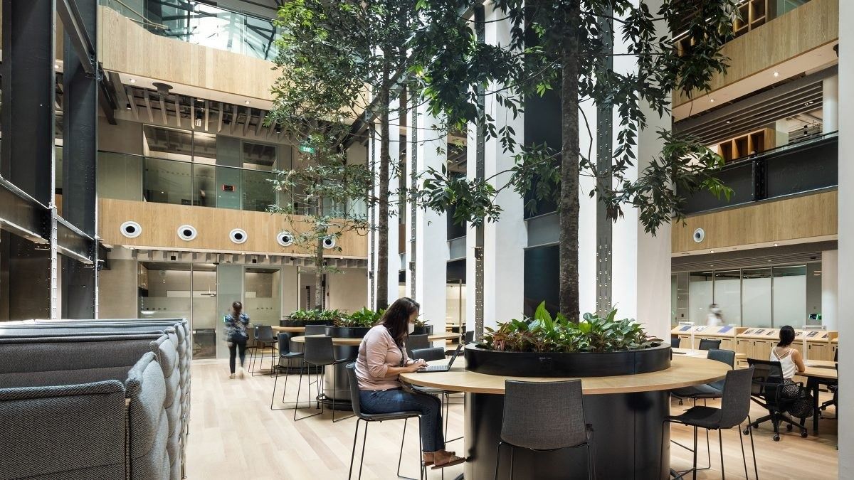Dyson: Atrium workspace with tall trees growing from round planters surrounded by high tables