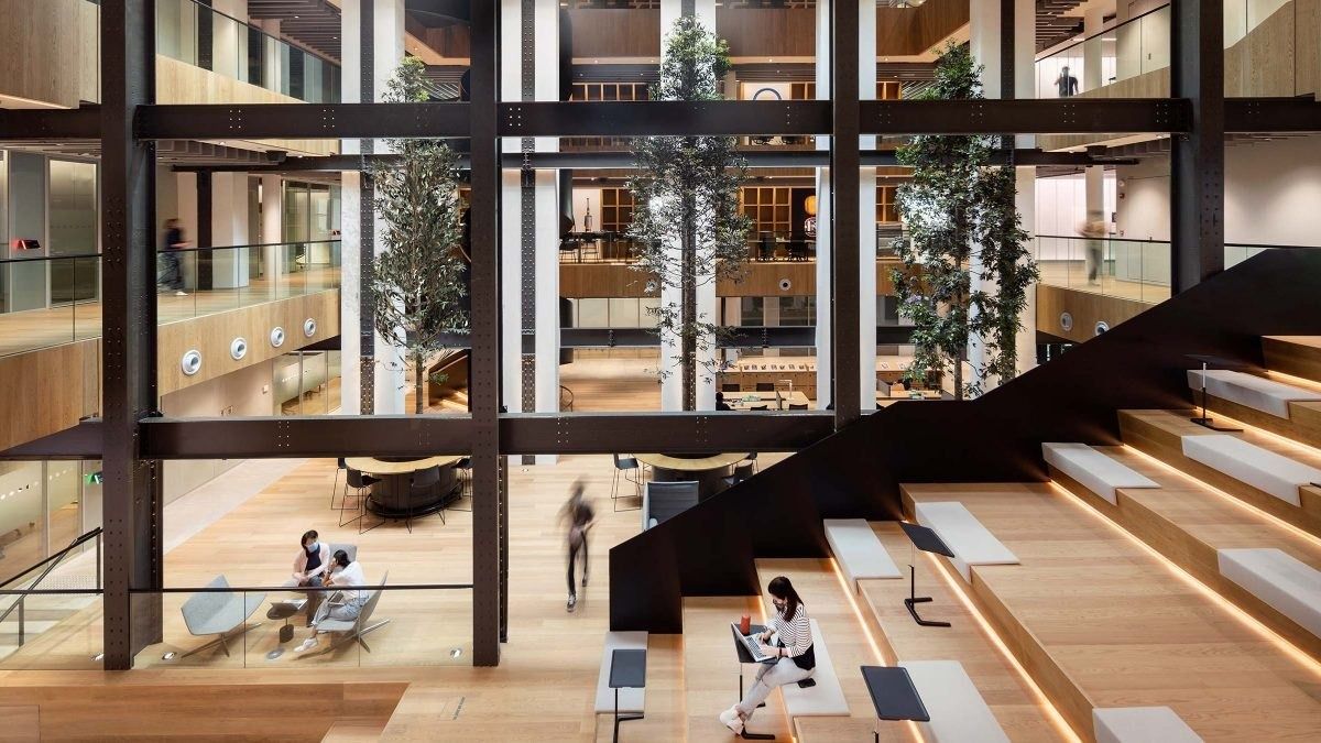 Dyson: Wide timber steps rising through a multi-level atrium with trees and steel beams