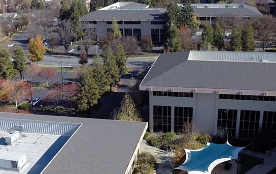 Aerial view of low office buildings among trees