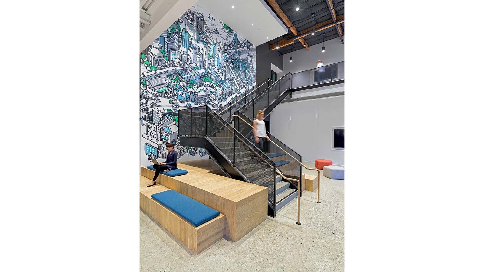 eBay: Stair with a large aerial-map mural and built-in seating