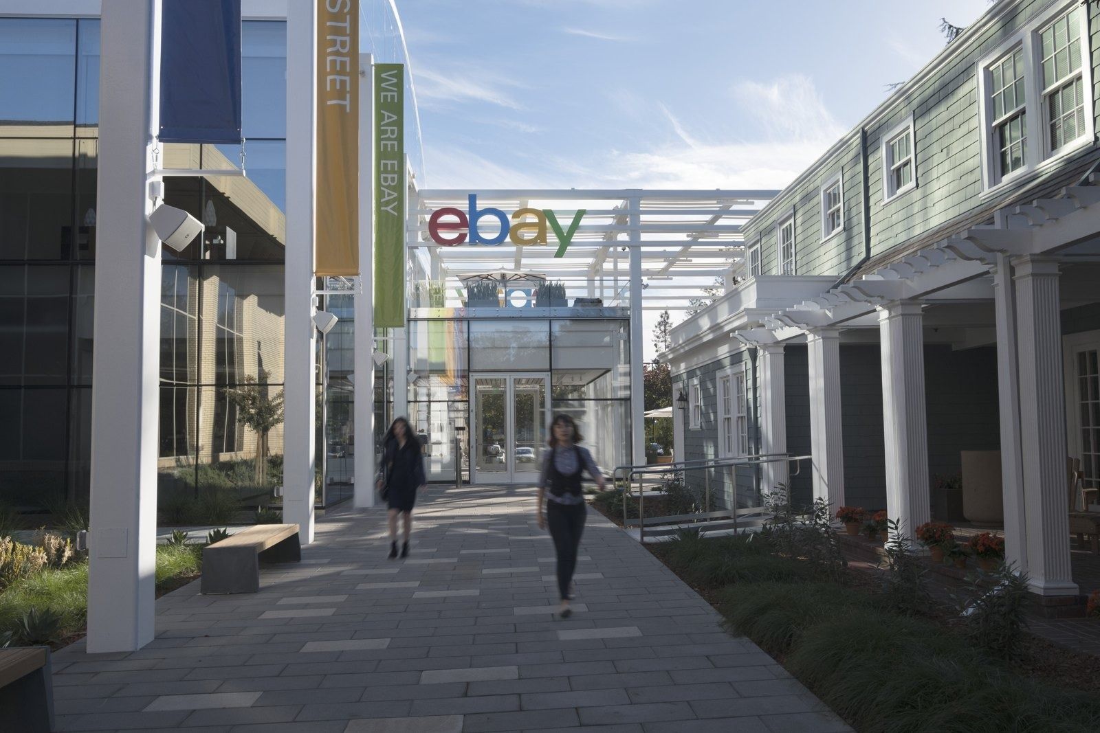 eBay: Walkway between campus buildings leading to the eBay-signed entrance