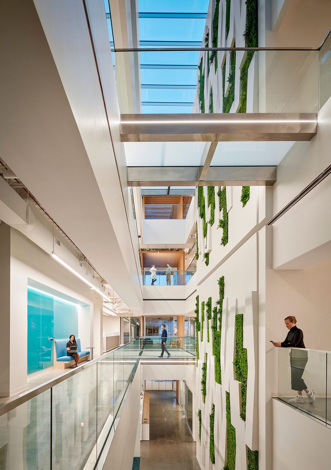 A tall atrium with a living green wall rising through four floors beside glass balconies