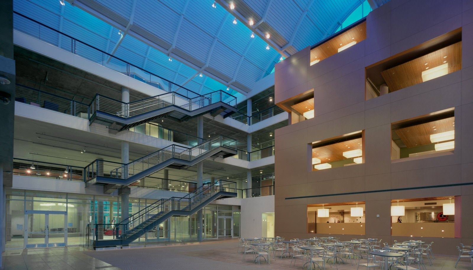 Electronic Arts: Atrium with open stairs and a wall of deep window openings
