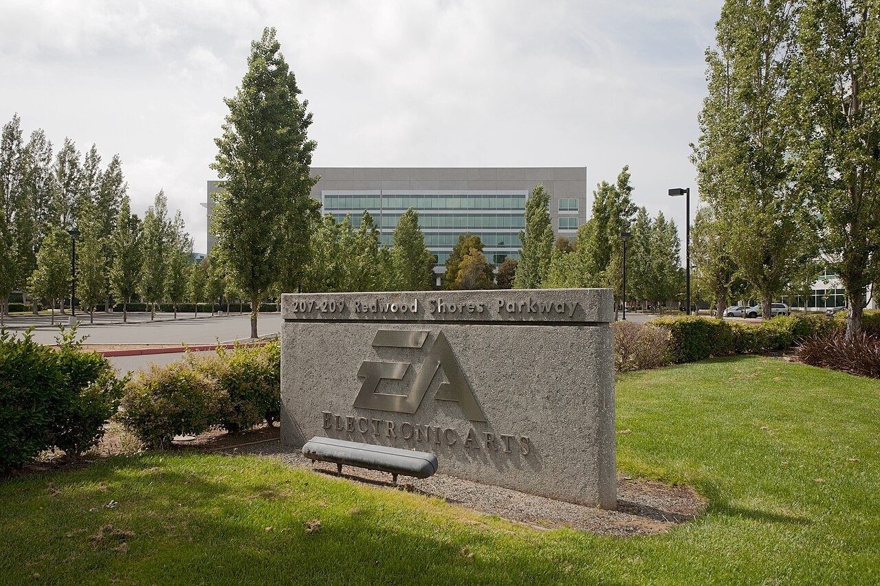 Electronic Arts sign in front of glass office buildings