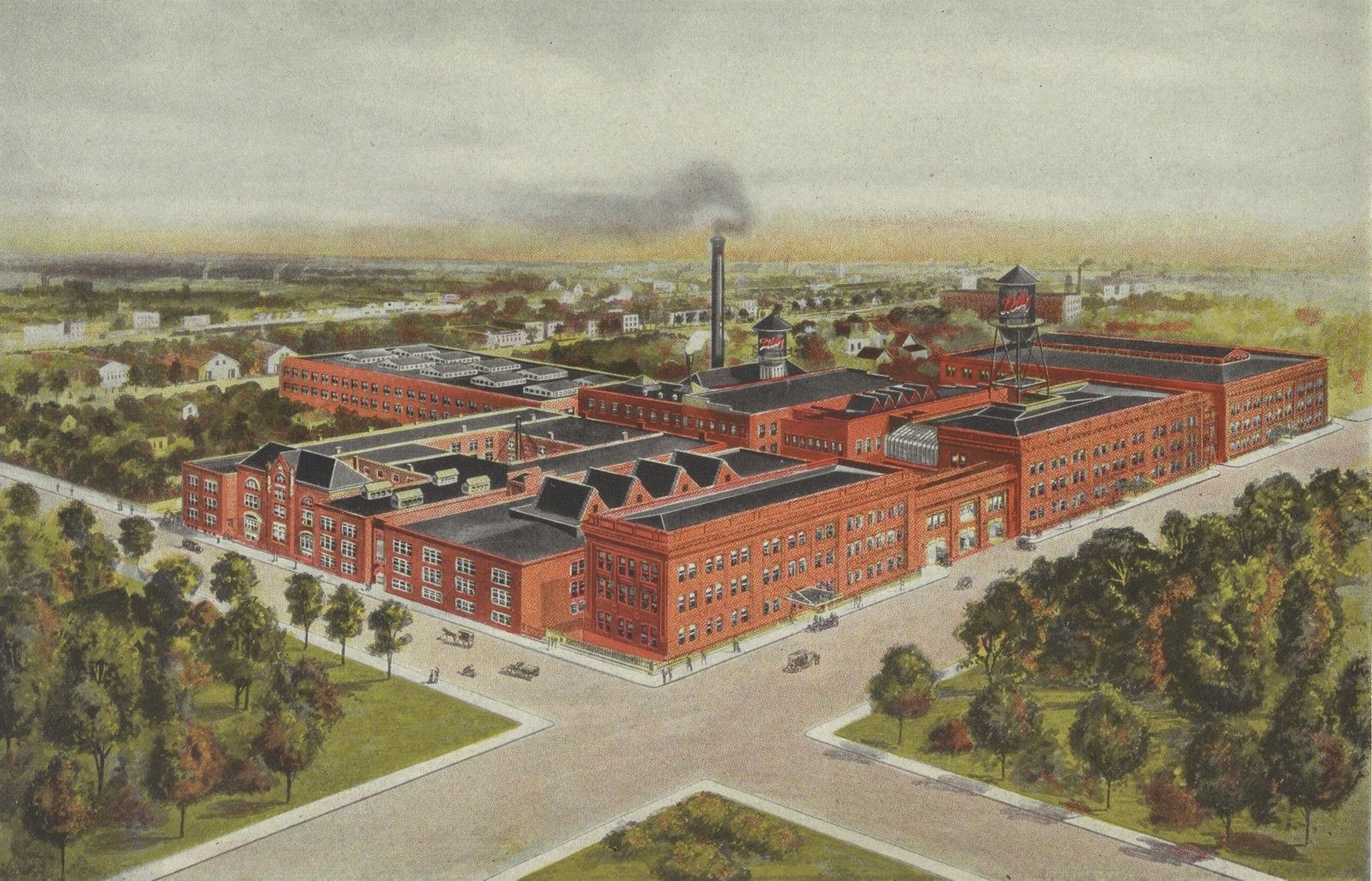 A postcard view of Lilly's red-brick complex