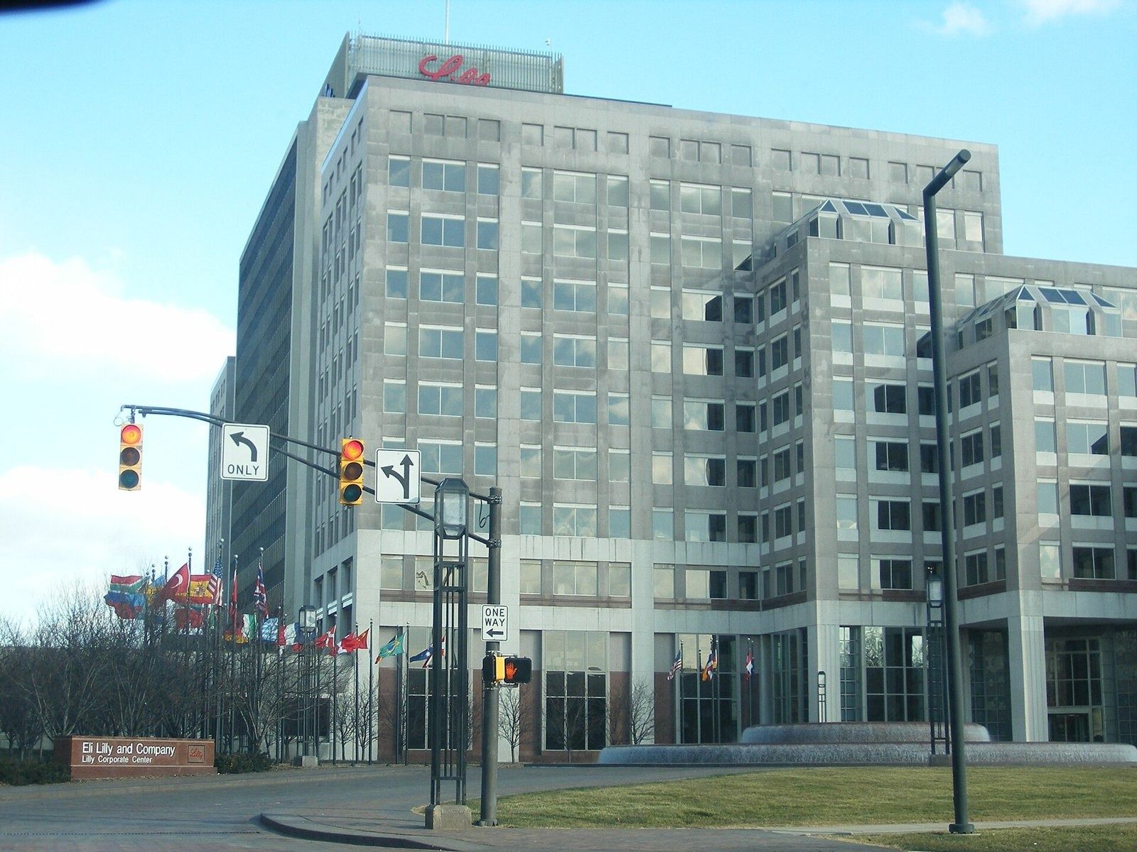 Eli Lilly and Company: The Corporate Center tower at a street corner