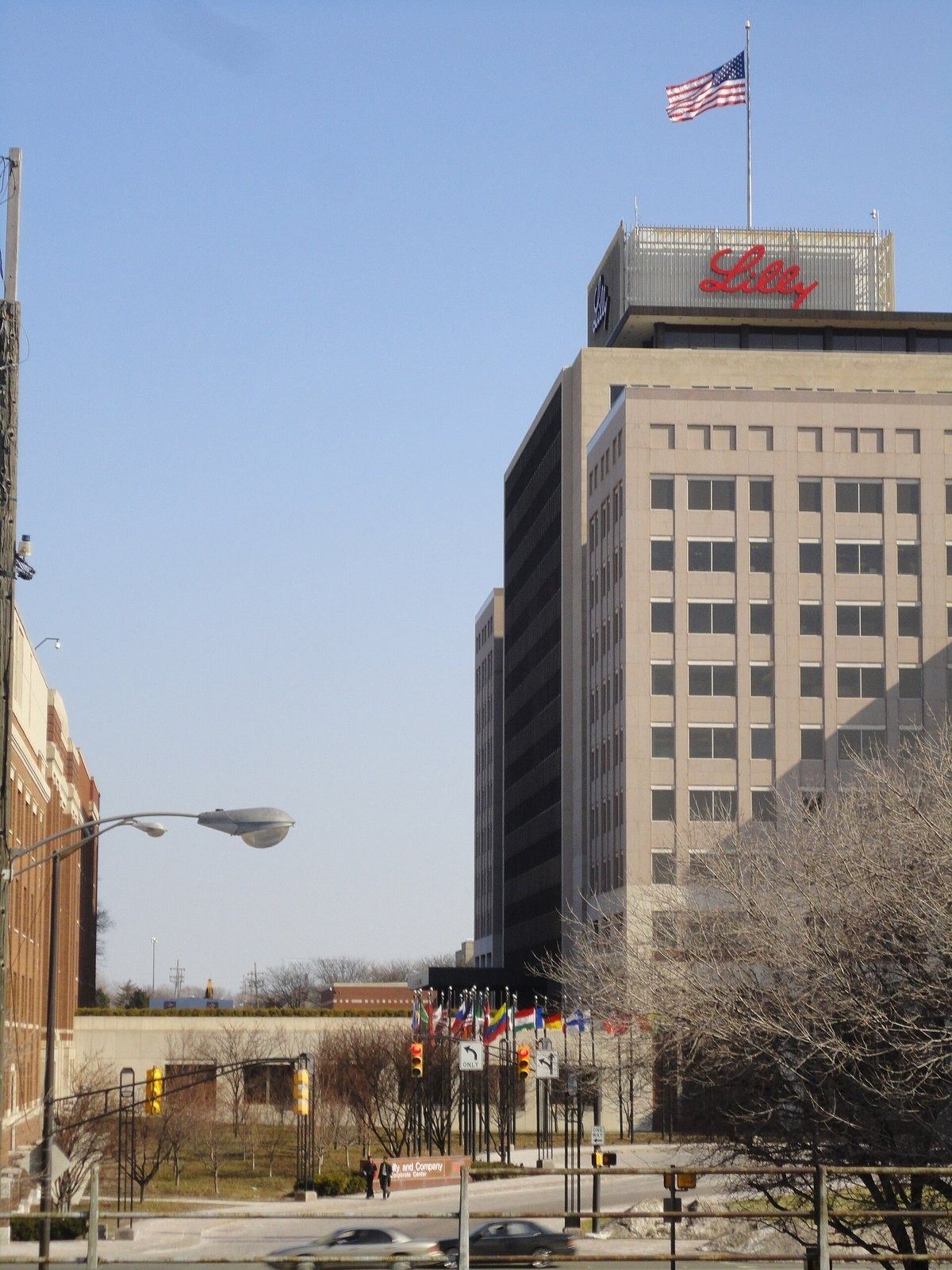 The Corporate Center tower with a flag