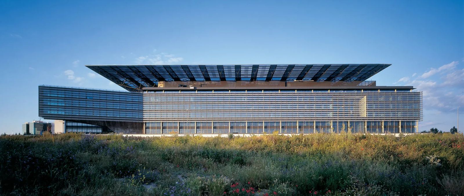 Endesa: A long low office building under a wide flat canopy beyond a meadow
