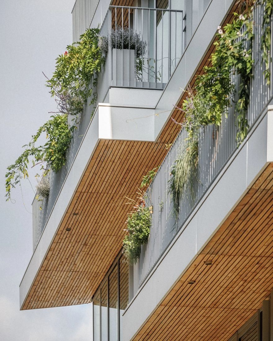 ENGIE: Close-up of balconies with wooden soffits and hanging plants against a white façade