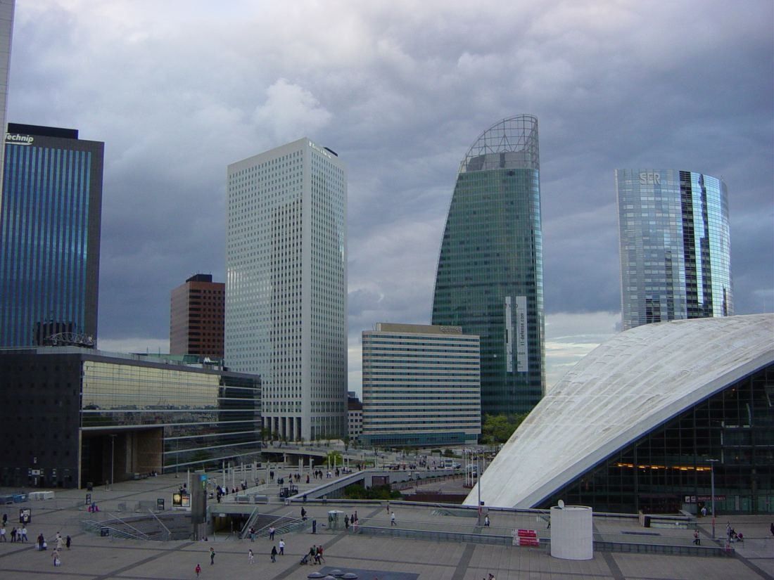 La Défense skyline with the curved glass Tour T1 in the centre and the CNIT roof in the foreground