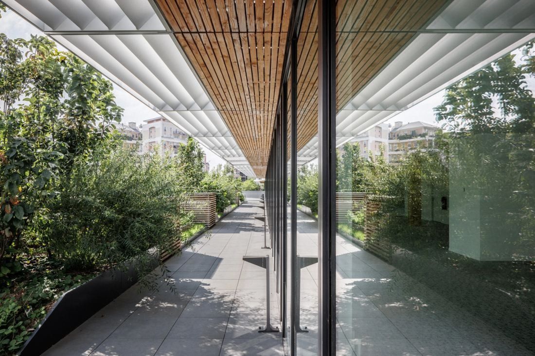 ENGIE: Planted terrace walkway between a glass façade and greenery under a timber canopy