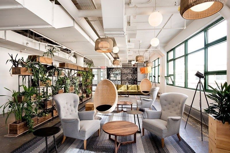Etsy: Plant-filled library lounge with armchairs and a hanging egg chair